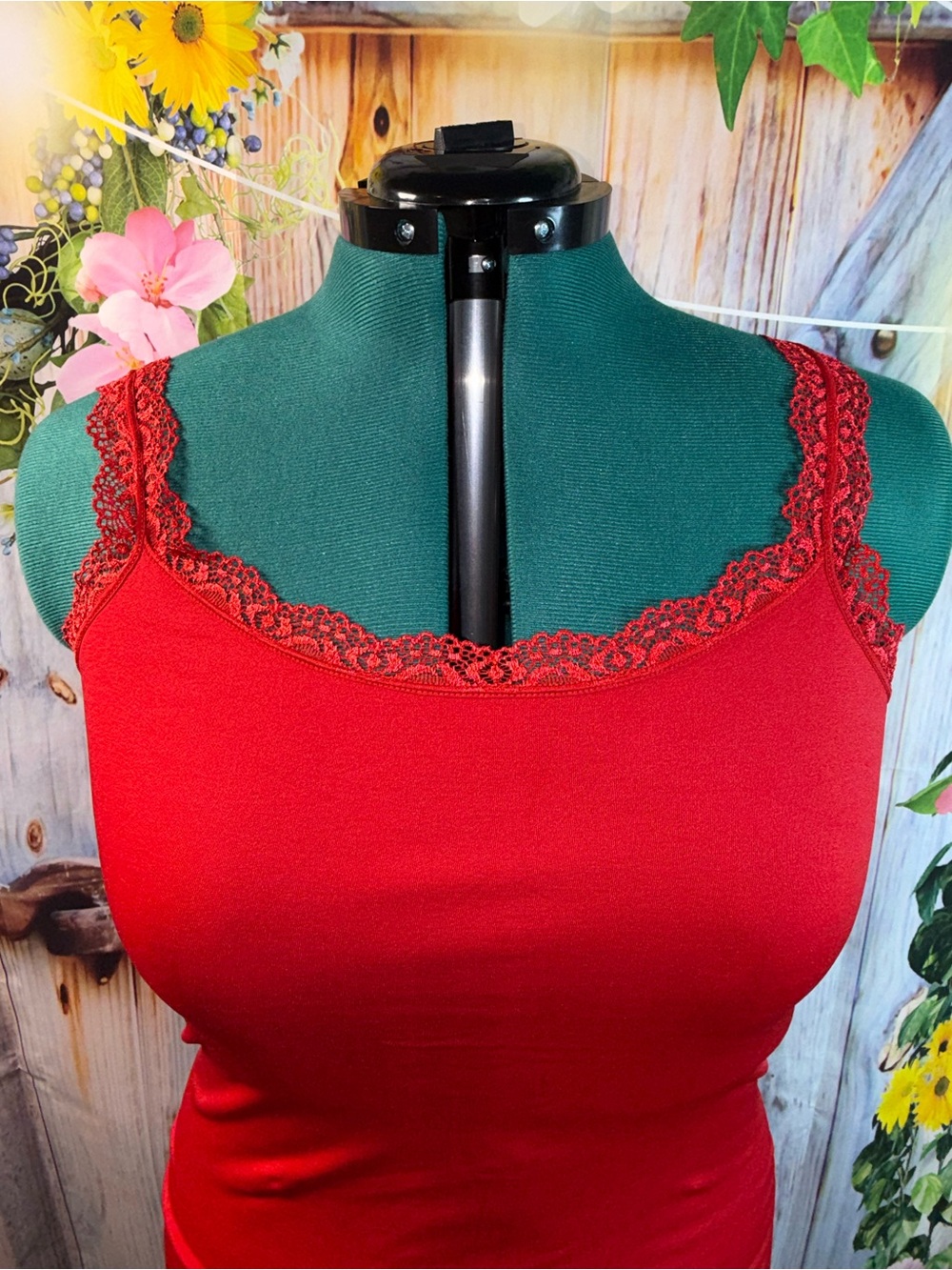 827-Kathy Curvy Lace-Trim Red Camisole Tank Top - Picture 2 of 5